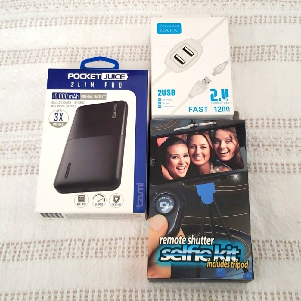 Selfie stick tripod, double charging cable, pocket juice portable charger